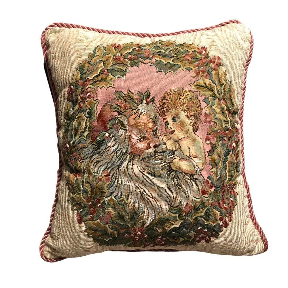 Cherub Santa Christmas Tapestry Pillow Springmaid Wamsutta‎ Braid Vintage USA